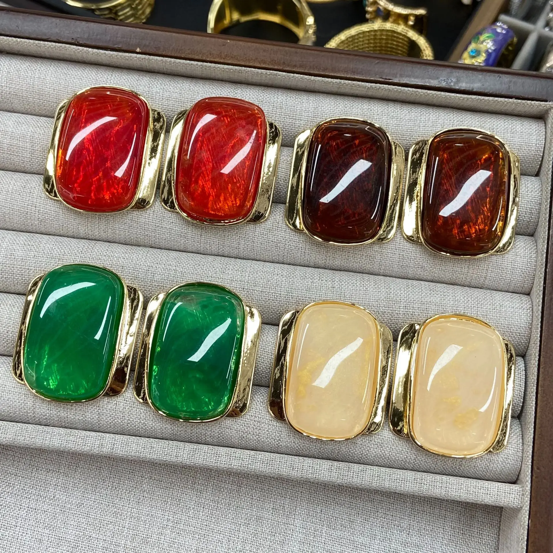 Square Marble Resin Ear Studs Red Green Coffee Beige Glossy Rectangle Gold Border Earrings Women Retro Fashion Accessory
