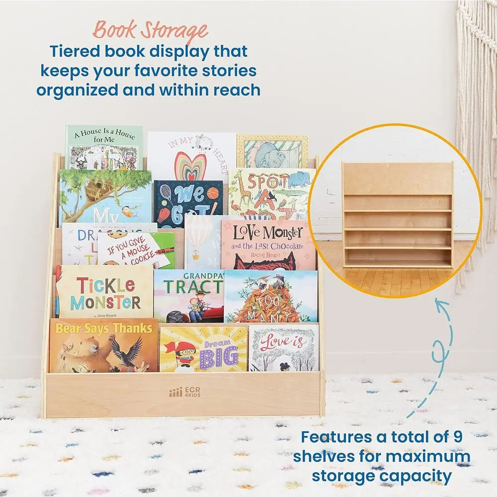 Streamlined One-Sided Bookcase with Storage, Educational Shelf, Natural Finish