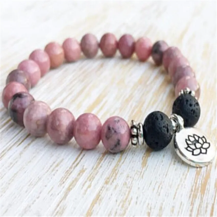 Bracelet Mala en Rhodonite de 8mm, Pendentif de Bouddha Annie, Manchette Artisan Unique Écologique, Ajustable, JOPrayer