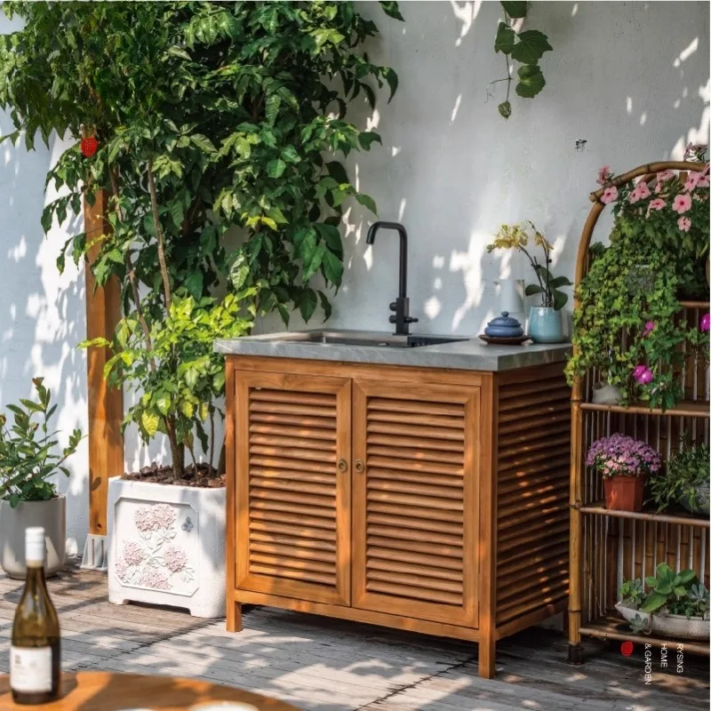 

Chinese courtyard garden layout outdoor washbasin teak locker balcony basin integrated washbasin
