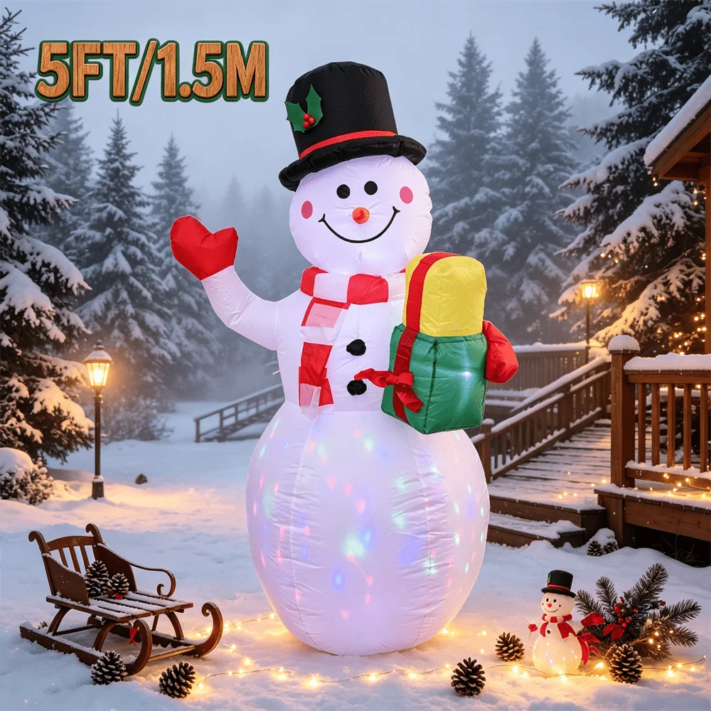 5FT Inflatable Toy Christmas Snowman with Top Hat Holding Gift Box Build-in Color LED Light Outdoor Holiday Yard Decoration view 4