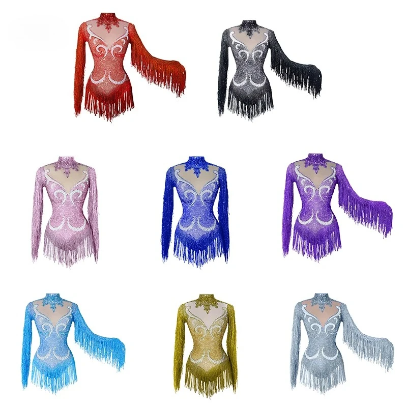 ブルークリスタルボディスーツタッセルセクシーなシースルークラブパーティー DS パフォーマンスレオタード女性の誕生日チームポールダンス着用