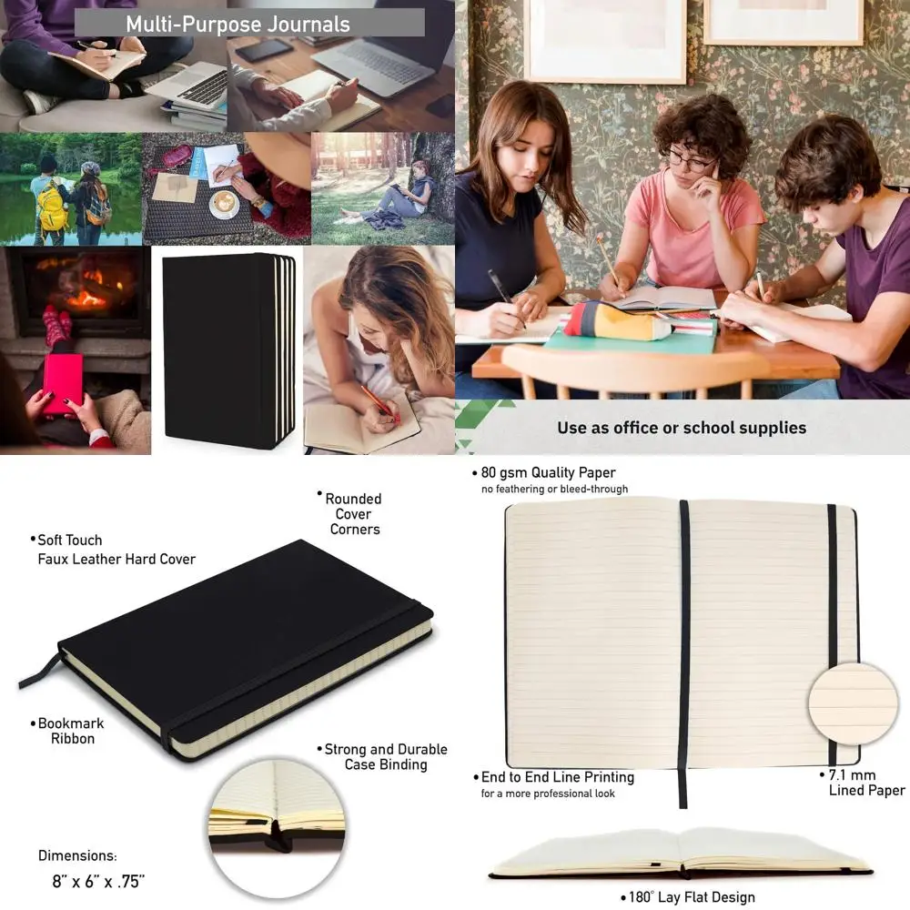 

20-Piece A5 Lined Hardback Notebooks, 192p, 5.7x8.4, Ideal for Work, Travel, School, and Business, Unisex Journals - Black