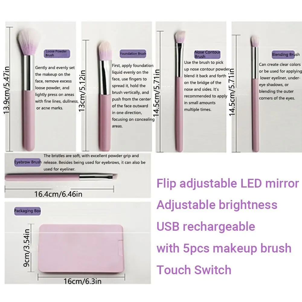 Rotatable Mirror Travel Makeup Brush with Light USB Rechargeable Adjustable Brightness Mini Cosmetic Brushes Pocket Mirror