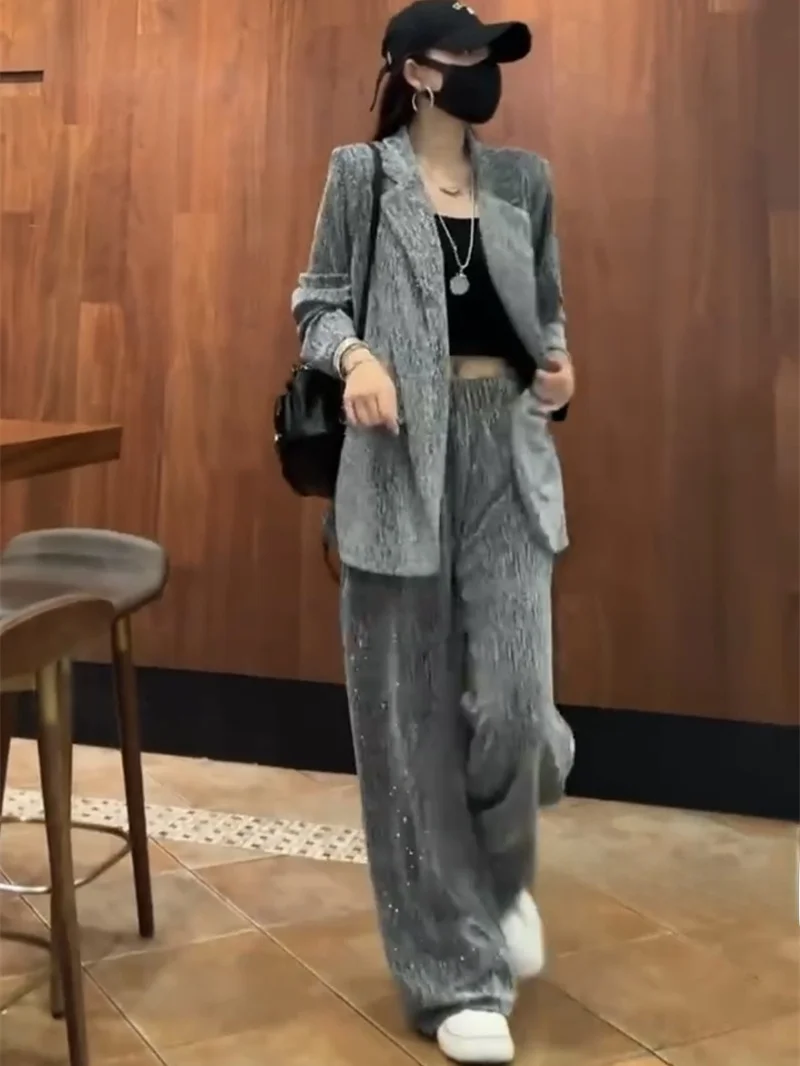 Laid-ba Sle Faion frauen Frühling Sommer Neue Anzug Kragen Lose Oberbekleidung Breite Bein Hosen Diamant Set Trendy ensemble