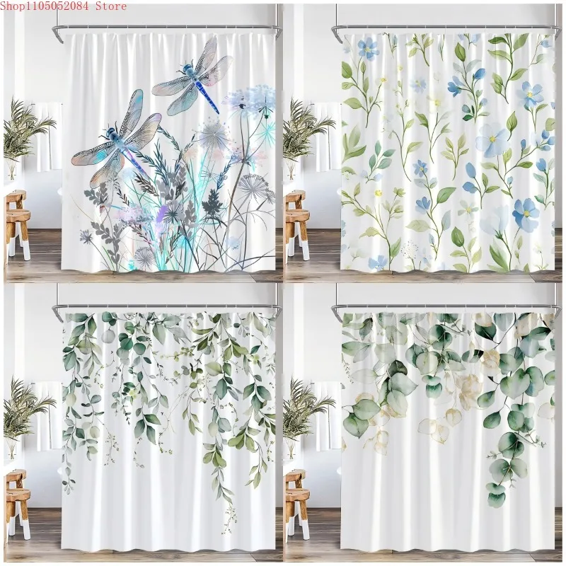 Watercolor Dragonfly Wildflower Eucalyptus Leaf Print Waterproof Fabric Shower Curtain For Bathroom Decor