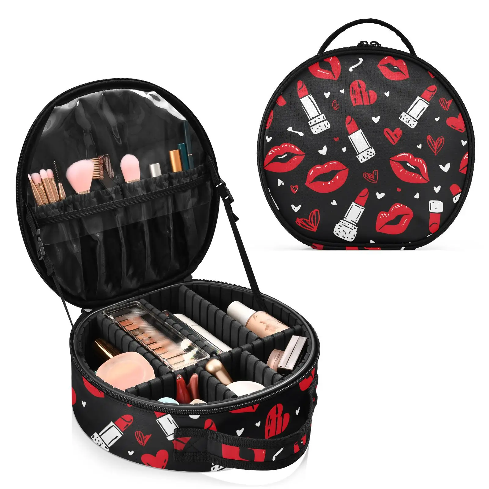 Neceser de Maquillaje Redondo y Rígido, Organizador de Cosméticos de Viaje para Mujer, con Diseño de Labios y Lápiz Labial, Estuche de Maquillaje