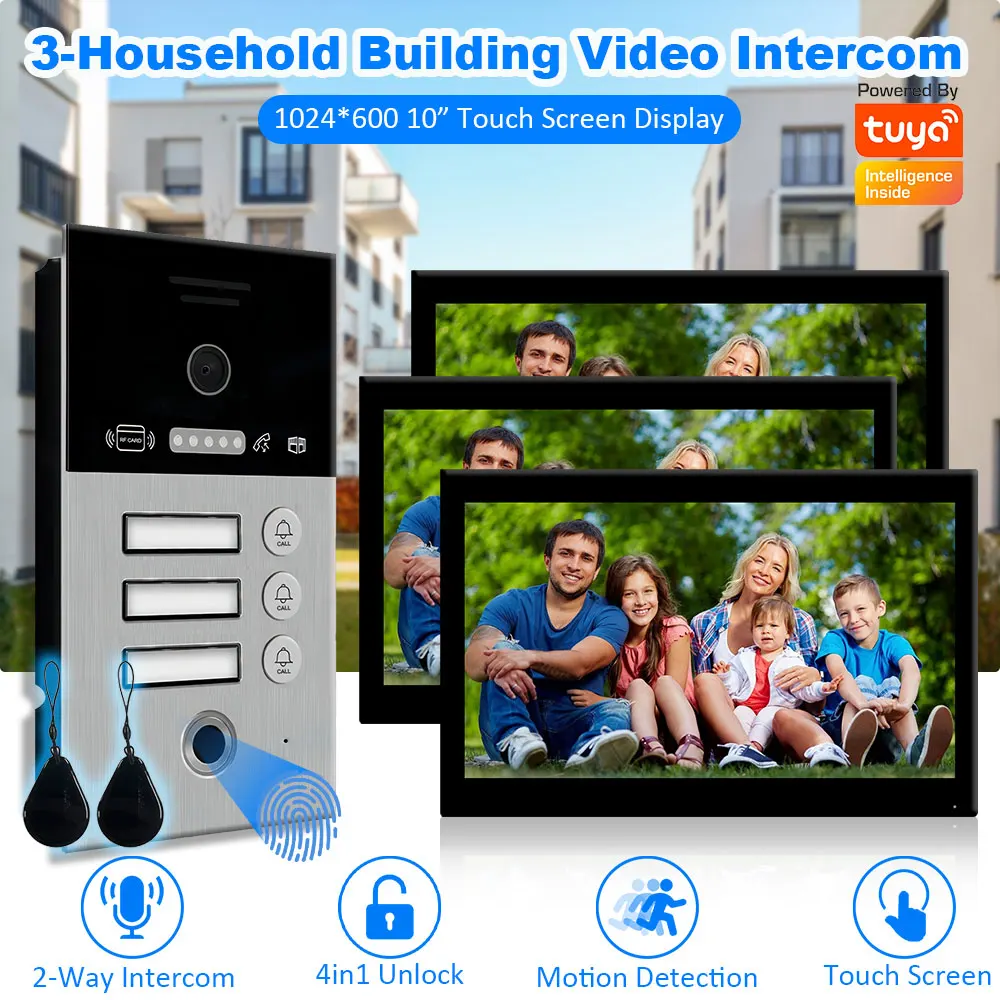 7/10inch Touch Screen Wifi Tuya Smart 4 Wire Doorbell Video Intercom for Apartment Building Fingerprint IC Card Unlock Doorman