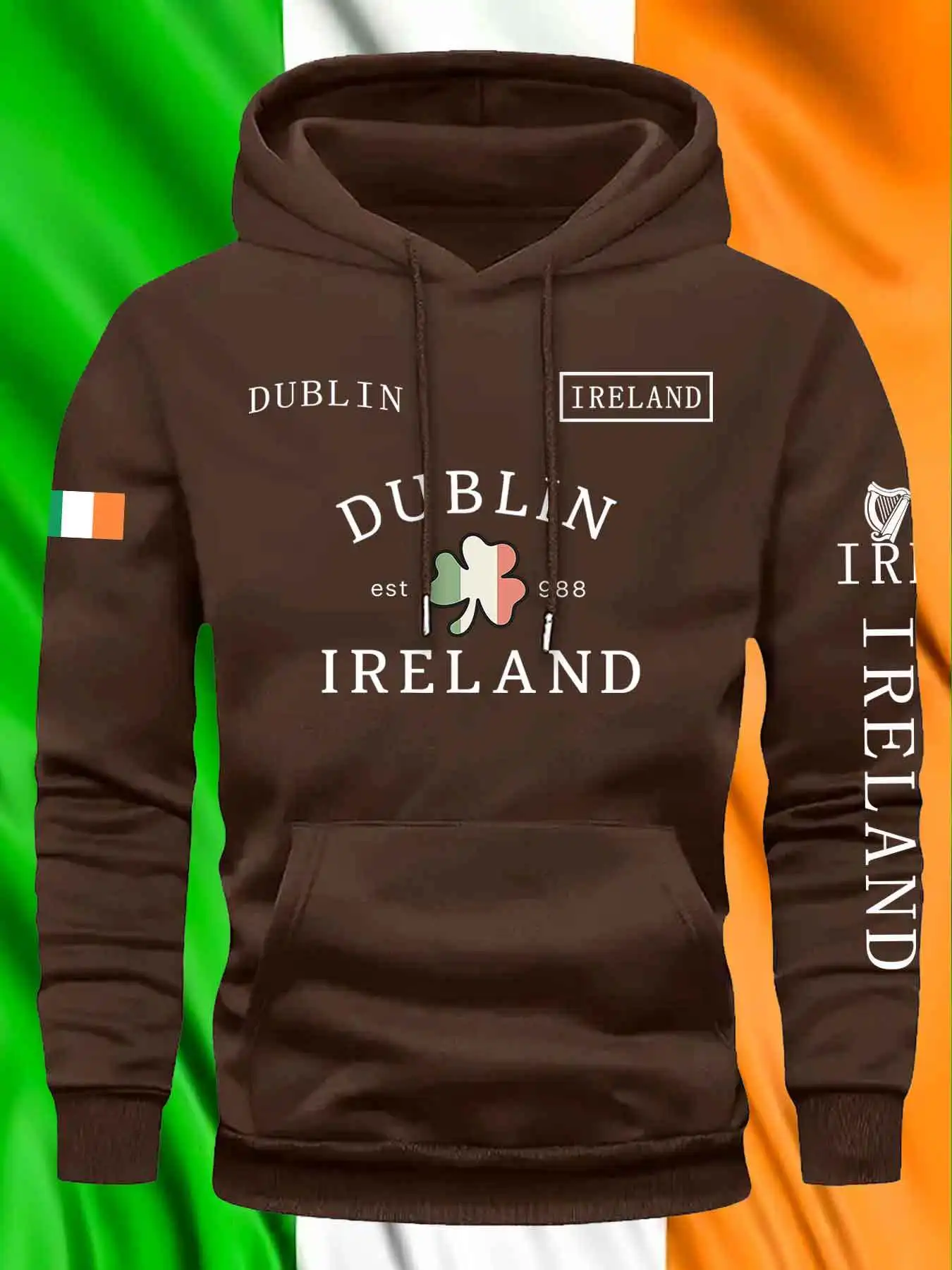 Customization Unisex Autumn Winter Hoodie - Irish Pride Graphic Print With Dublin & Ireland Text, Shamrock Design, Front Pockets