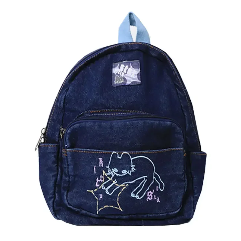 Japanese Simple Kawaii Cat Backpack Denim Handbag Shoulder Bags Large Capacity Student Schoolbag Cute Women Backpack 2024
