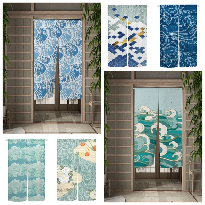 Japanese Style Linen Door Curtains Ocean Wave Print Living Room Bedroom Partition Split Doorway Curtains Velcro Half Curtains