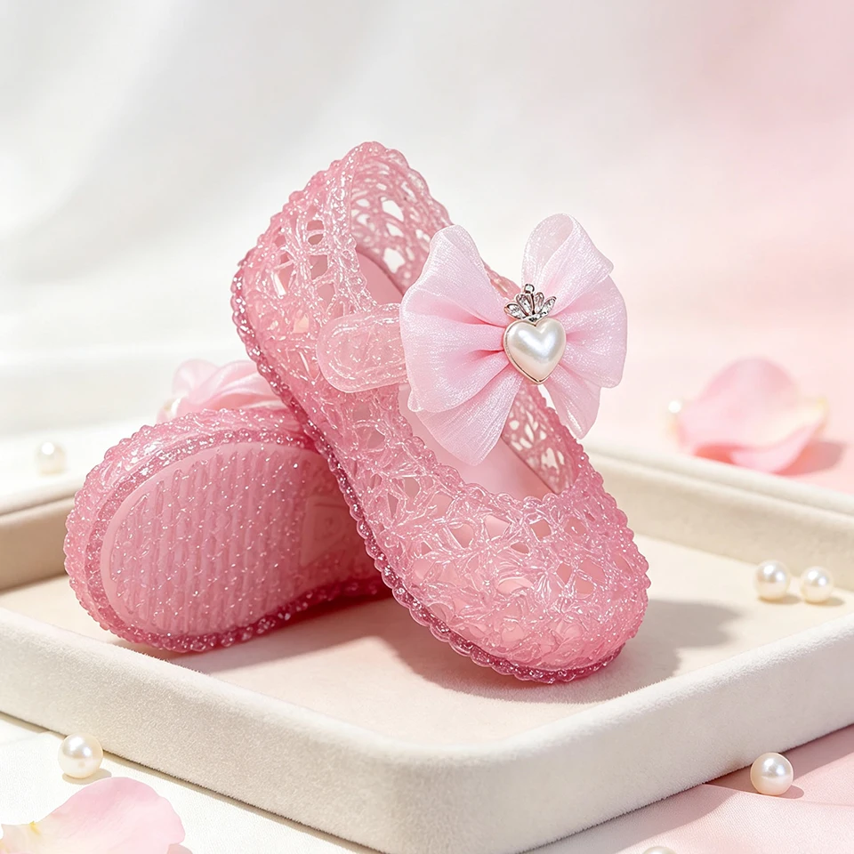 Toddler Little Girls Princess Jelly Mary Jane Shoes Hollow Out Lace Upper Pearl Beaded Summer Elegant Little Kids Flats Sandals - view 3
