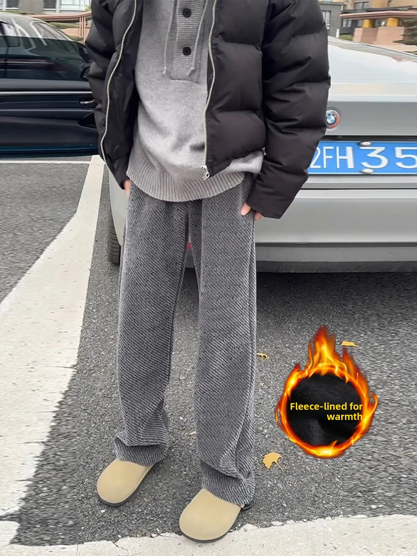 

Deep ey Fce Lined Men's Casual Straight Leg Pants Autumn Winter Texture Stripe Leisure Trousers Warm Polyester Fiber