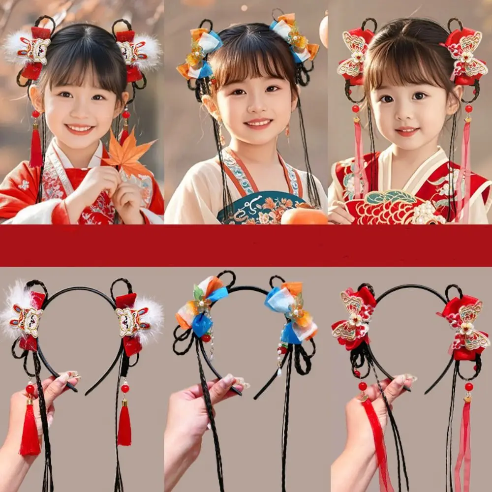 Belle fleur enfants perruque bandeau rouge Style chinois nouvel an cheveux accessoires tresse cheveux fille Hanfu chapeaux année du cheval