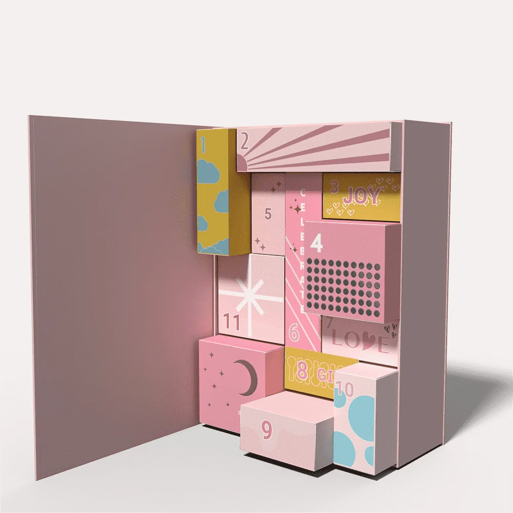 カスタムクエリカスタム空の化粧品アドベントカレンダーギフトボックスピンク段ボール紙箱高級アドベントカレンダーボックス12日間