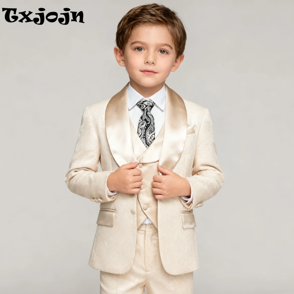 

2026 New Boys Jacquard Suit Set 3 Pieces For Formal Occasion Stylish Elegant Satin Collar Kids Suits Wedding Ring Bearer Outfit
