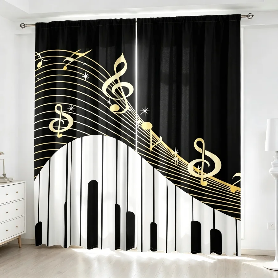 2PCS Digital Print  Curtain, Black Gold Piano Keys Notes, Aesthetic Room Decor  Curtain for Apartment Dorm Bedroom