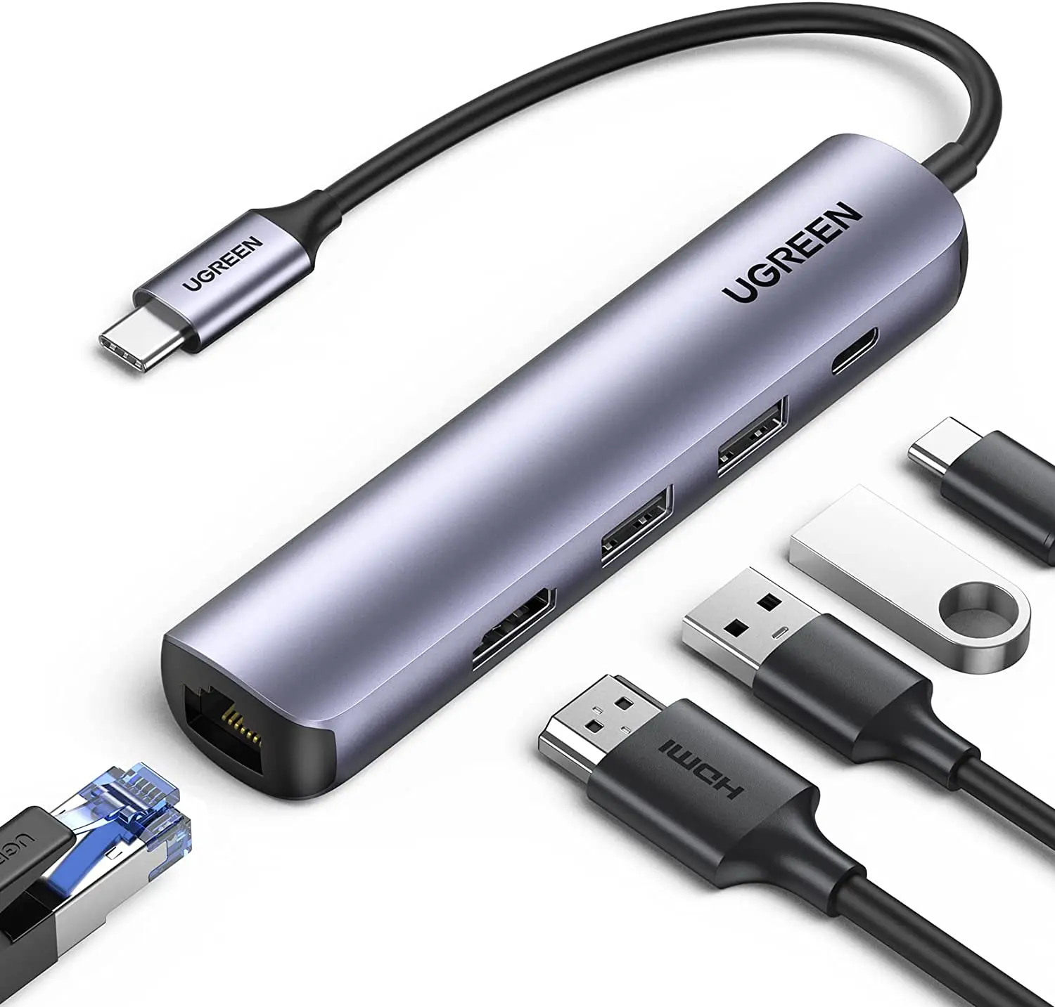 

UGREEN USB C Hub 60 Гц Gigabit Ethernet-адаптер 5-в-1 с быстрой зарядкой 4K HD-MI PD 100 Вт и 2 многопортовыми адаптерами USB 3.0 типа C