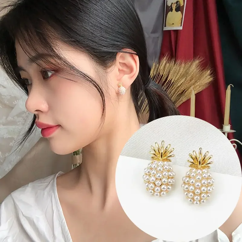 Cute Sweet Pineapple Crystal Pearl Stud Earrings for Women Korean Trendy Temperament Fruit Designer Earrings Girl Party Jewelry