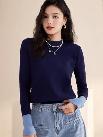 보라색 스웨터 통근 한국 스타일 슬림 핏 보라색 니트 긴 소매 여성용 레이어링 스웨터 니트웨어 스웨터 니트웨어 스웨터