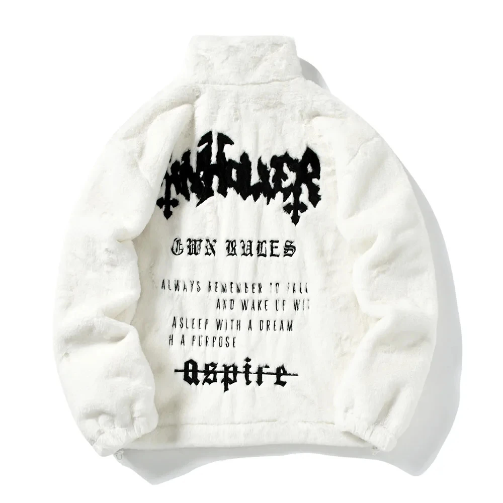 Men\'s Rabbit Fur Jacket, Hip Hop Coats, Retro Letter Print, Fleece Jacket, Streetwear, Casual Fashion, Harajuku Zipper Outwear