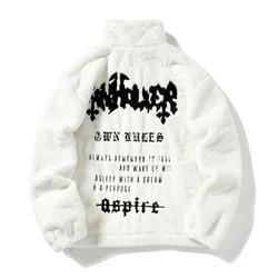 Veste en fourrure de lapin pour homme, manteaux Hip Hop, veste polaire rétro à imprimé lettres, streetwear, mode décontractée, vêtements d'extérieur à fermeture éclair Harajuku