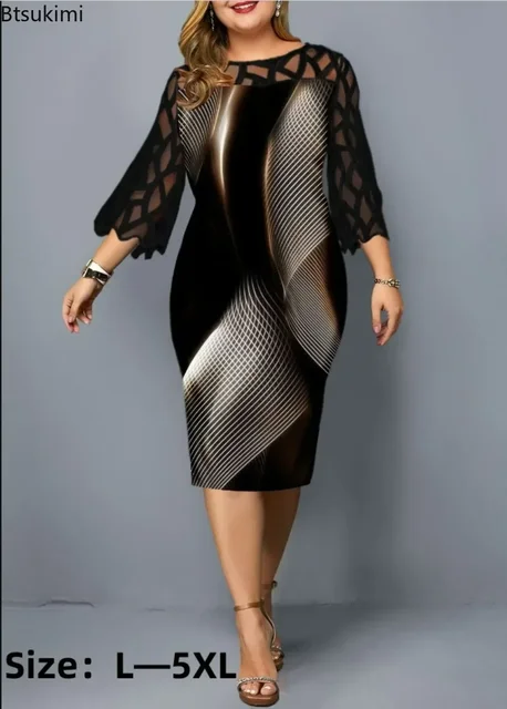 Sukienka damska plus size, elegancka, z koronką i siateczką, dopasowana, idealna na imprezy klubowe, modna sukienka midi na wiosnę i lato, odzież damska, 2026.