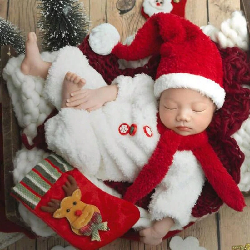 

3pcs Christmas Baby Photography Clothing Jumpsuit & Santa Hat Neckwrap Newborn Photo Costume Infant Party Wear Accessories