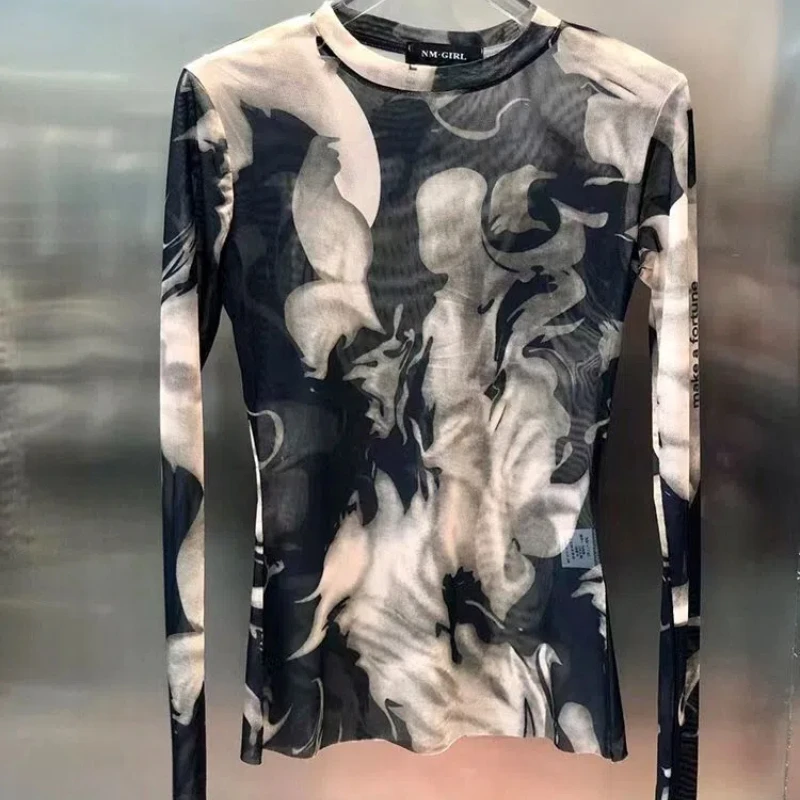 Fashion Grunge Spring and Autumn New Women\'s Streetwear Round Neck Printed Tie Dye Gauze Slim Long Sleeve Pullover T-shirts Tops