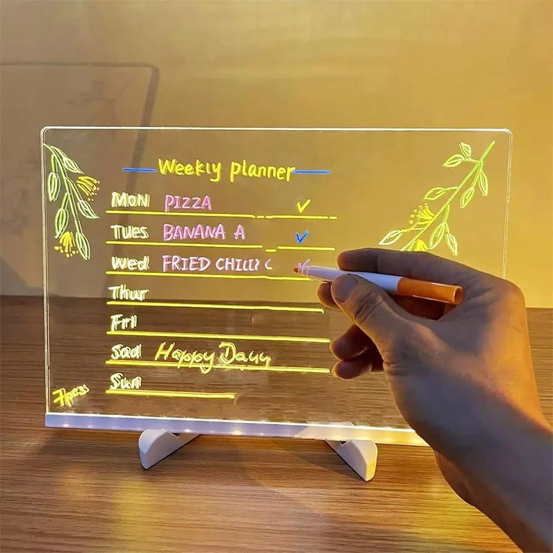 LED Drawing Pad Luminous Acrylic Memo Message Erase Board with Colors Pen and Stand Drawing Board for Children's Toy Gift