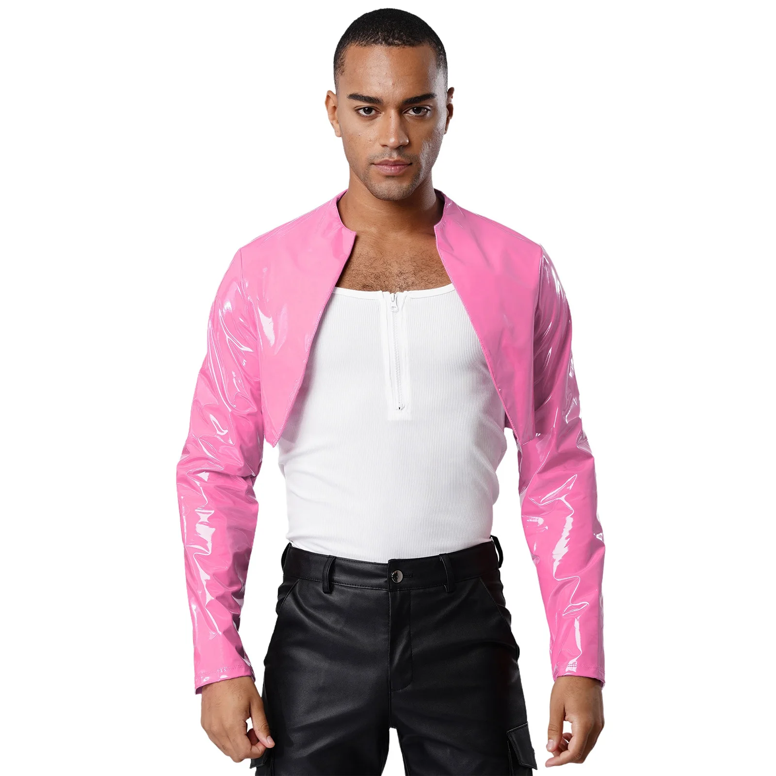 

Men Glossy PU Cardigan Open Front Jackets Long Sleeve Crop Tops Unlined Motor Biker Cropped Jackets for Driving Clubwear Disco