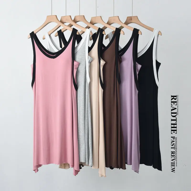 

Summer Modal Bra padded tank dress Breathable camisole contrast color V-Neck dresses sleeveless sleepdress homewear clothing