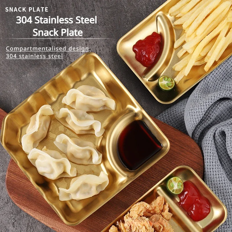 Stainless Steel Compartmentalized Snack Plate Gold Fried Chicken Sauce Dessert Bread Tray Silver with Vinegar Dish Rice Plates