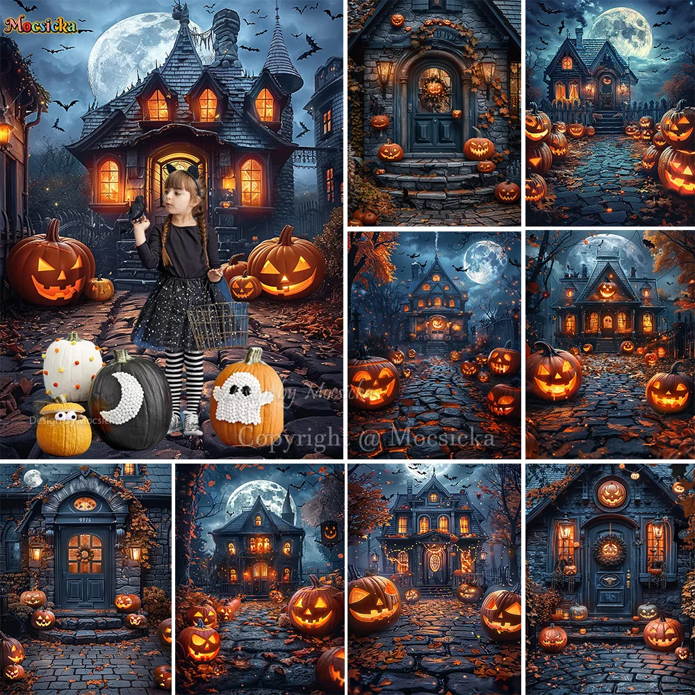 Halloween Night Background Photography Horror Haunted House Pumpkin Lantern Black Stone Road Backdrop Kids Holiday Party Studio