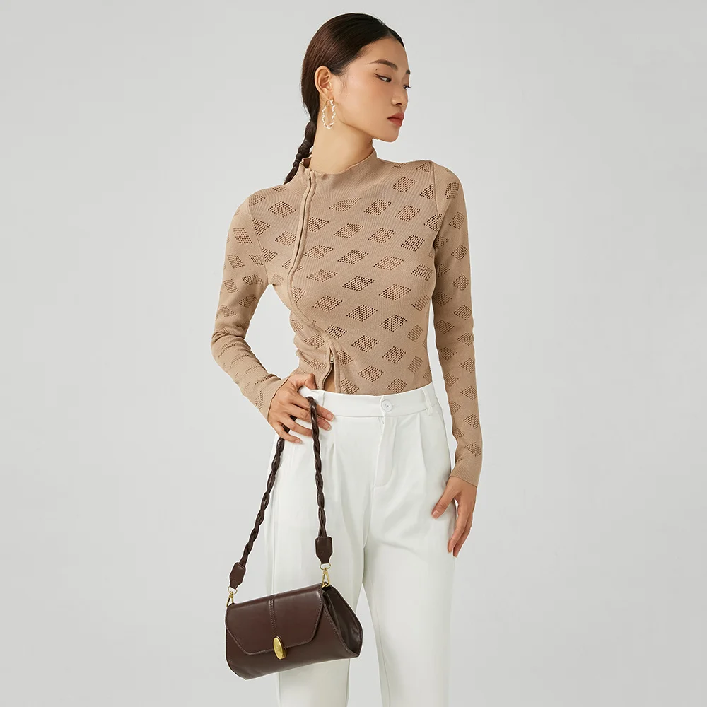 

ZBZR Spring New Women's Sexy Double Zipper Hollow out Knitted Rer Base irt High Waist Long Pants Polyester Fiber