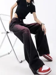 Red Vintage Harajuku Jeans Women Cyber Wide Leg Hippie Denim Pants High Waist Streetwear Trousers Casual Kpop Baggy Full Length