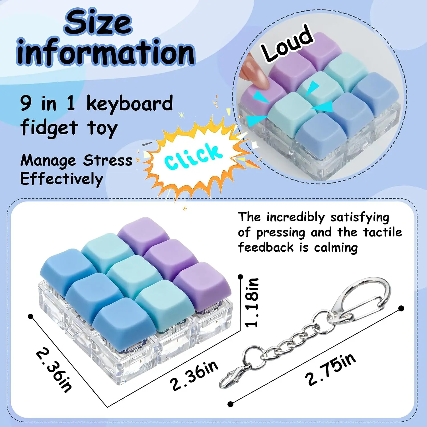 Keyboard Fidget Toy, Keyboard Fidget Keychain 9-in-1 Keyboard Decompression Button Finger Clicker Toy Stress Relief Fidget Gifts