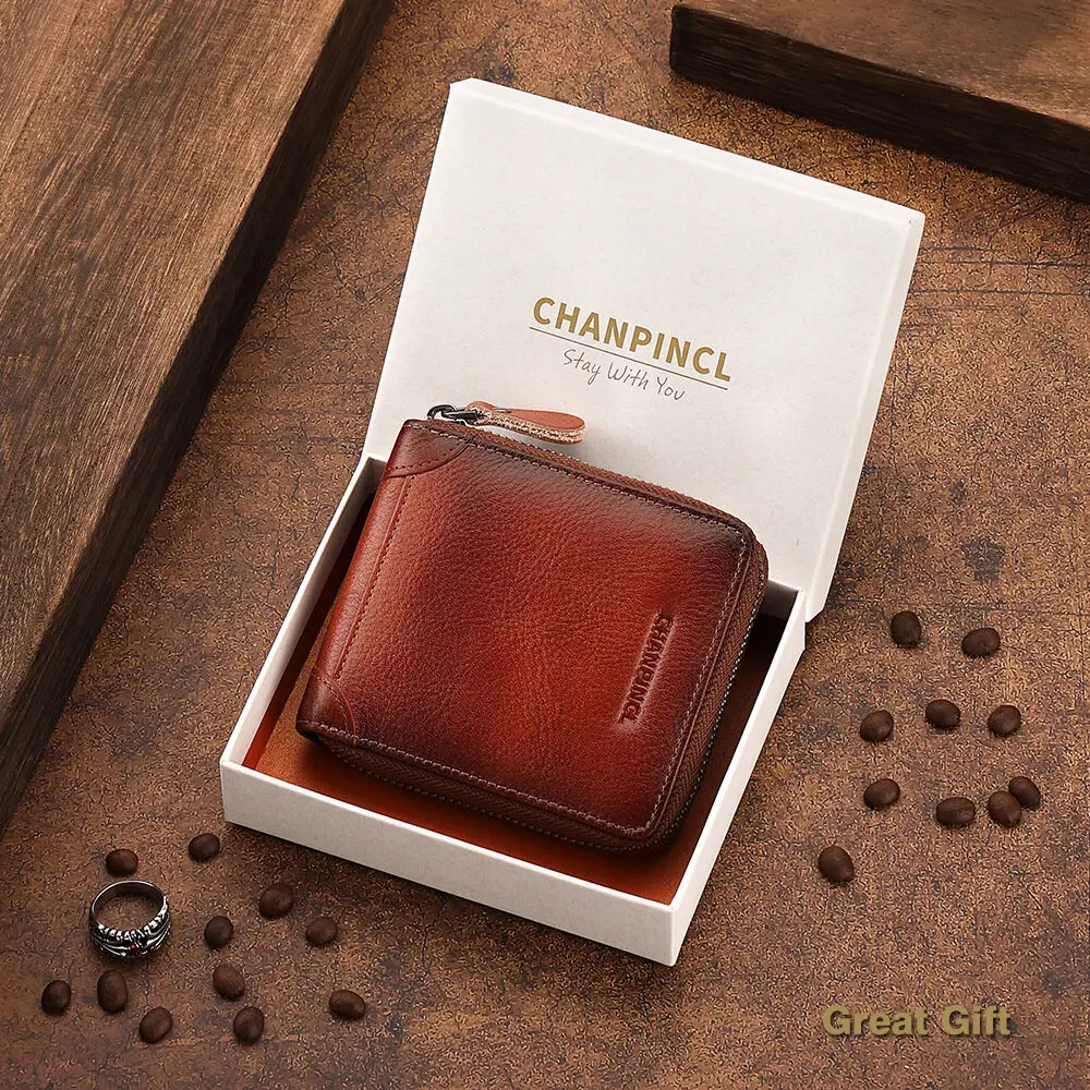 【Genuine Cow Leather】CHANPINCL Men's Wallet Vintage Luxury First Layer Cowhide Short Zipper Retro Male Card Holder