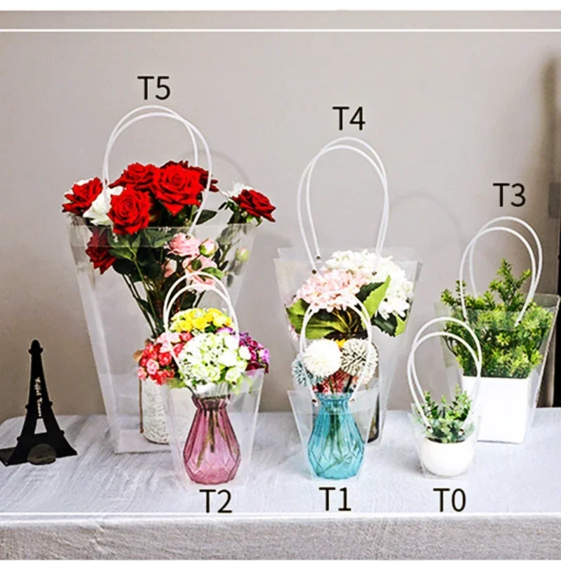 Transparent Trapezoidal Flower Bouquet Packaging Bags Valentine's Day Potted Plant Cake Handbag Flower Gift Portable PVC Bag