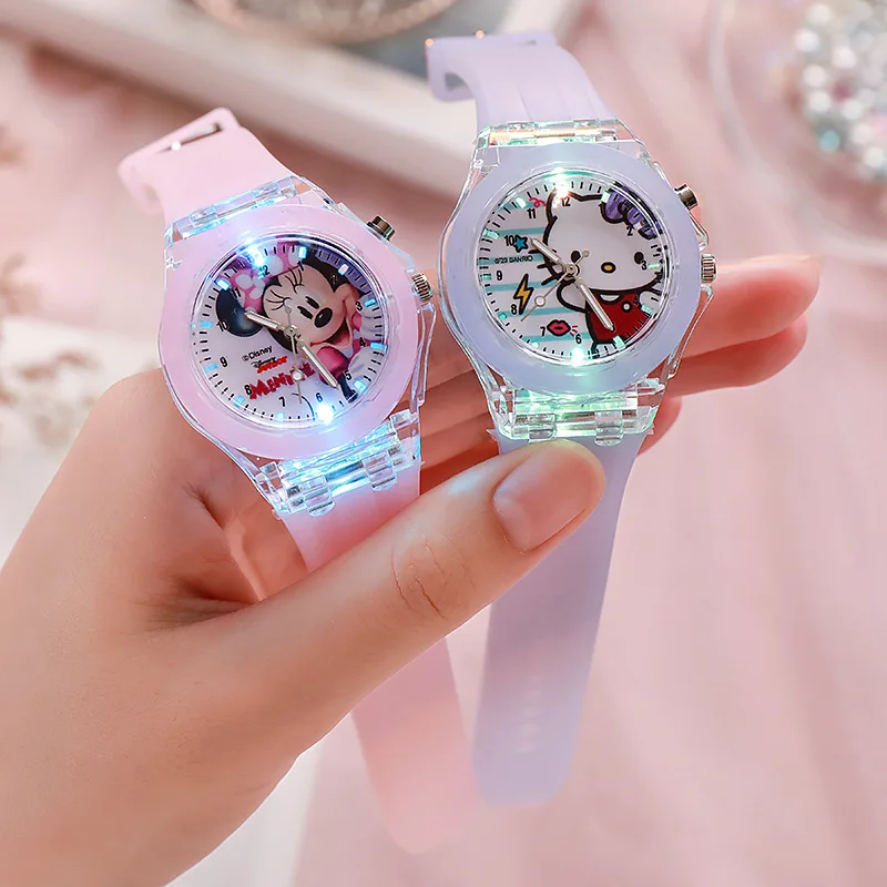 Sanrio Hello Kitty Cartoon Printed Girls Watches for Children Luminous Color Light Mickey Mouse Wristwatch Quartz Clock