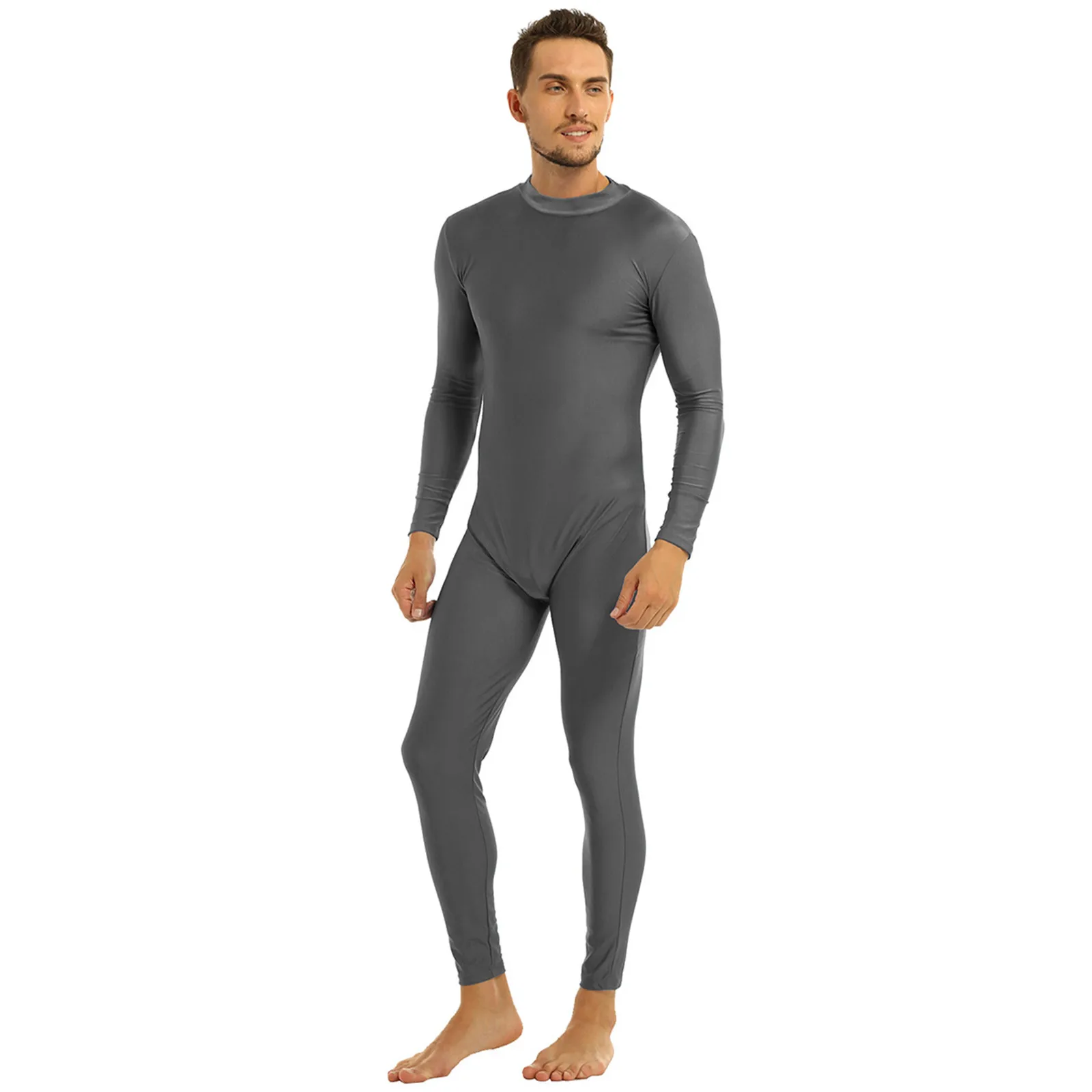 Bodysuit manga comprida com decote simulado masculino, apertado pela pele, cor sólida, unitard, dancewear, traje de corpo, traje cosplay, adultos, zentai bem apto