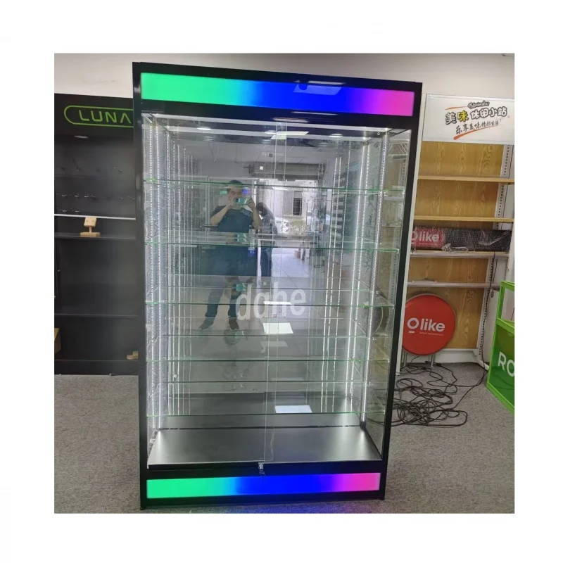 

custom.Factory Glass Display Showcase with Colorful Led Light Retail Smoke Shop Cabinet Aluminum Shop Showcase Design