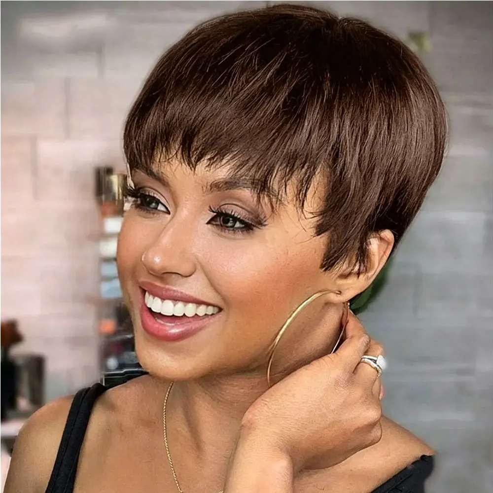 

Brown Wig Human Hair Short Pixie Wigs for Black Women Pixie Cut Human Hair Wigs with Bangs Casual Wear Machine Made Hair Wig
