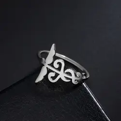 COOLTIME Caduceus Ring for Men Double Snakes Angel Wings Scepter Stainless Steel Ring for Women Ancient Greek Wealth Jewelry