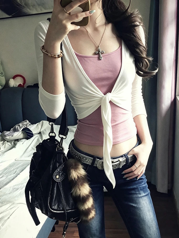 Genayooa Y2k Japanische Zweiteilige Oberteile für Damen Dreiviertel-Weißer Cardigan + Ärmelloses Camisole Streetwear Patchwork T-Shirts E-Girls – Detail 9