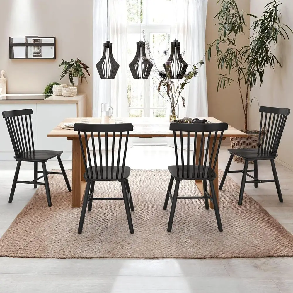 

Set of 4 Windsor Spindle Back Wooden Dining Chairs for Kitchen, Dining Room, Restaurant, and Hotel in Black