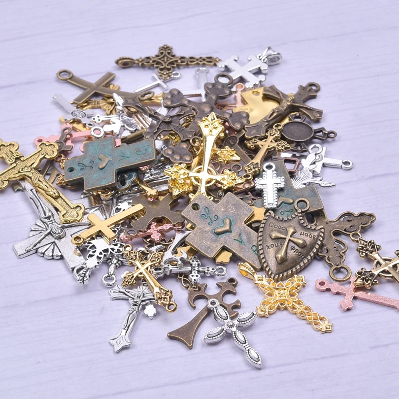 Random Mix 40pcs/lot Cross Jesus Religion Antique Bronze Alloy Pendant Charms For Jewelry Making Amulet Craft Materials cruz