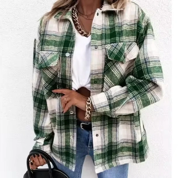 Autumn and Winter Hot Sales of Long-sleeved Casual Loose Shirt Women\'s Fashion Plaid Shirt Coat Pocket Long-sleeved Shirt