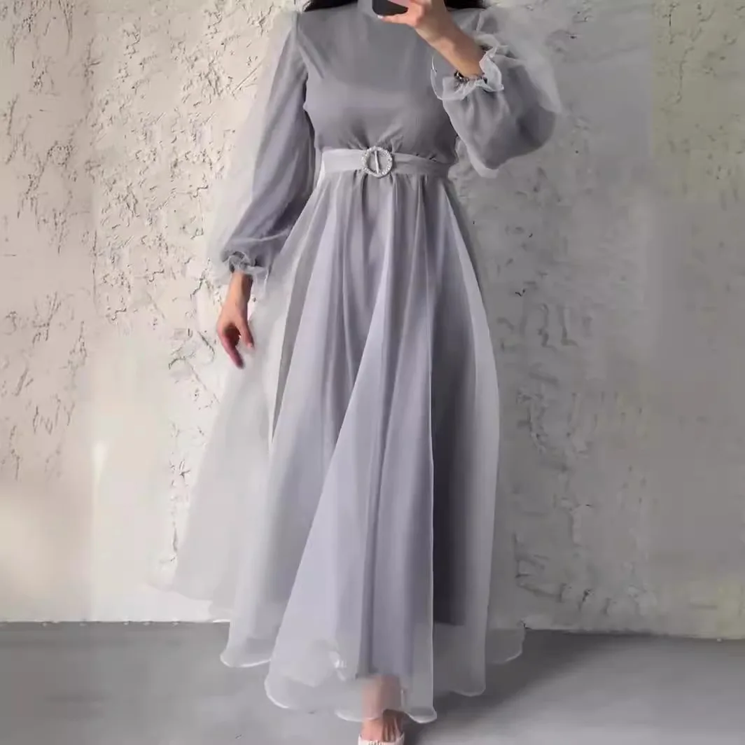 Half High Neck Gauze Dress for Women Elegance Dubai Abayas Spring Kaftan Casual Abayas Solid Color Muslim Dress Women Musulmane