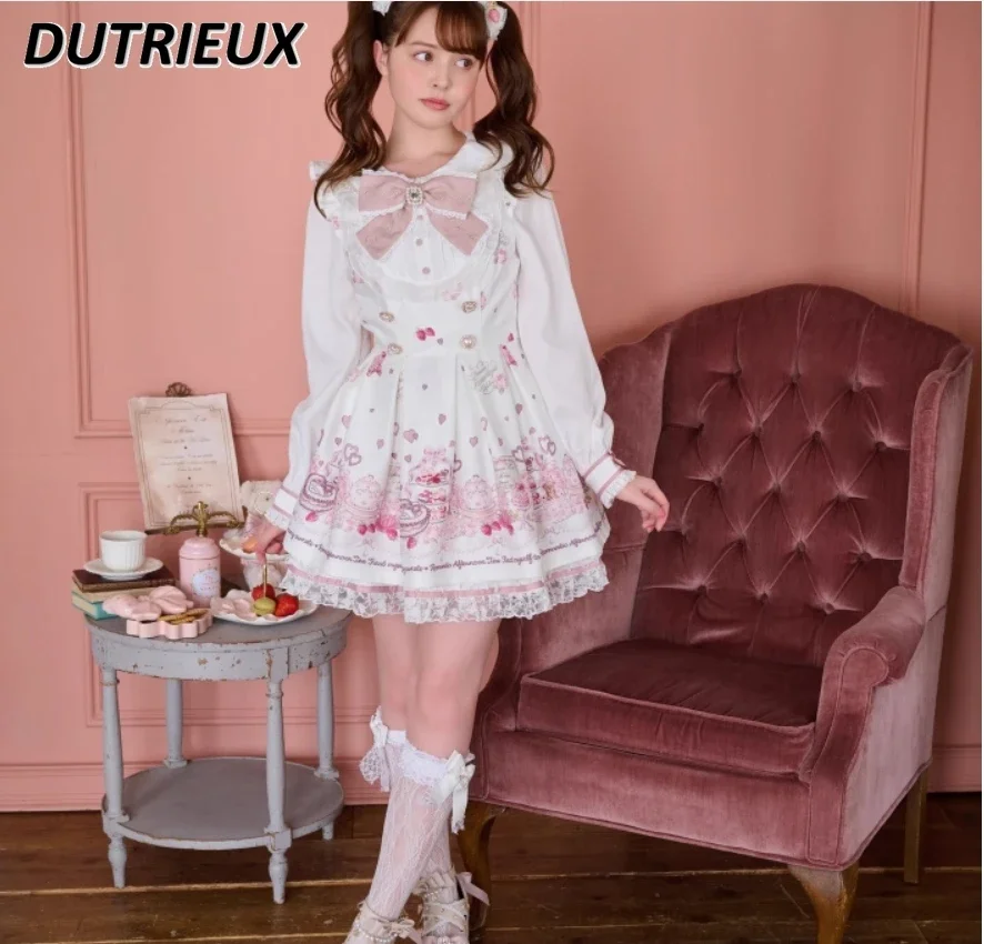 

Two Piece Sets for women Sweet Printed High Waist Long Sleeve Dress Suit Mass Production Navy Neck Dresses and Skirt set